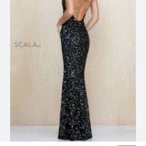 Scala Silk dramatic French Collection Black silver Sequin Backless Dress